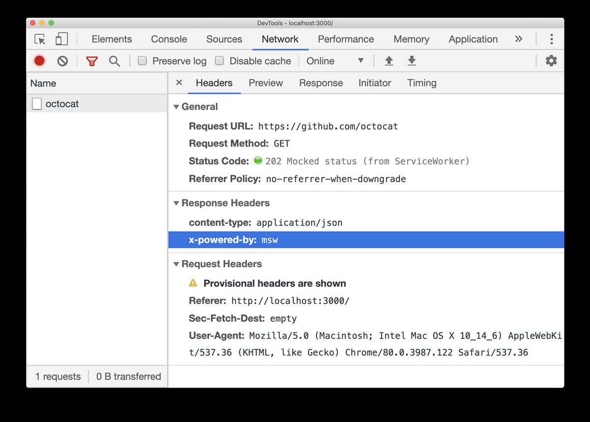 Chrome DevTools 网络面板显示被模拟的响应,状态码 202,来源标记为 ServiceWorker
